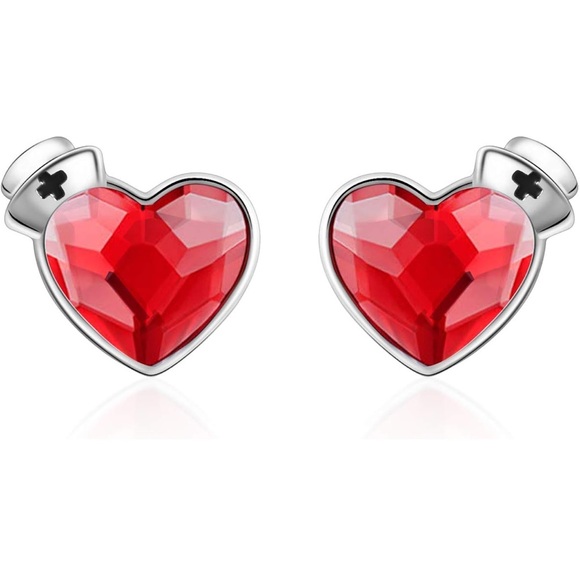Jewelry - Red Heart Crystal Stud Earrings with Nurse Hat - Women's Jewelry